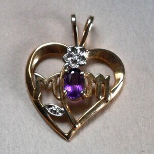 VTG 10K Solid Gold Heart Mom Pendant Flower Charm w/ Amethyst Diamond Crystals